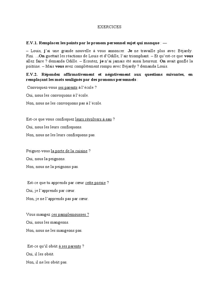 Exercices sur les pronoms personnels | PDF | Pronom | Syntaxe
