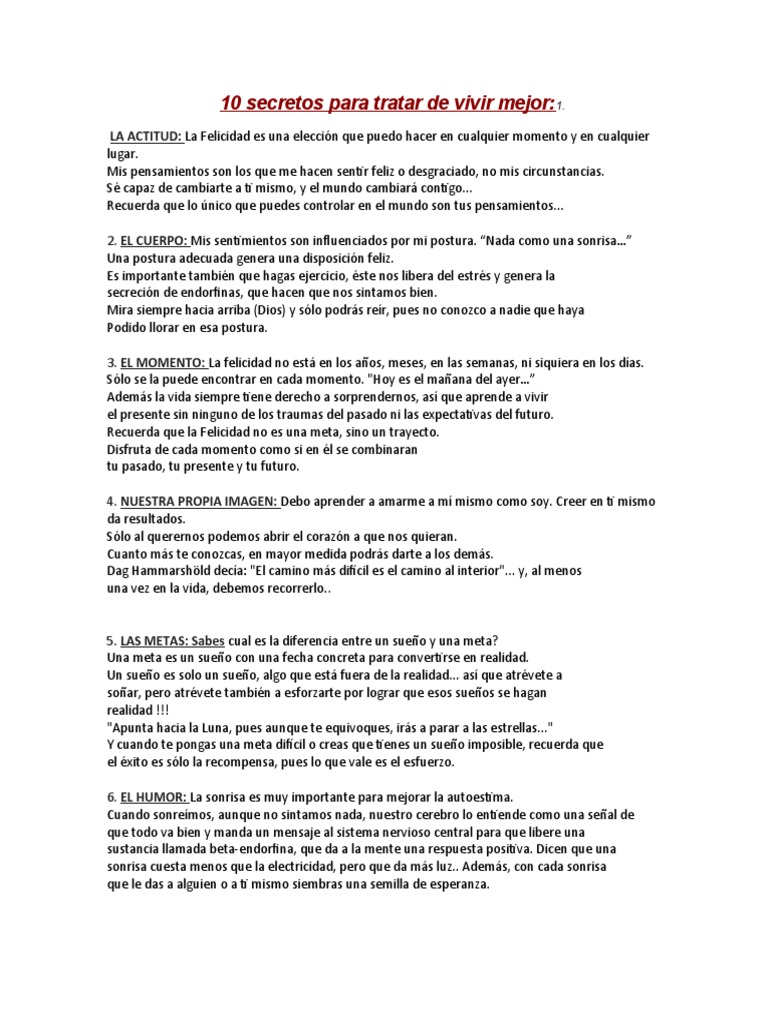 10 Secretos para Tratar de Vivir Mejor | PDF | Felicidad | Amor