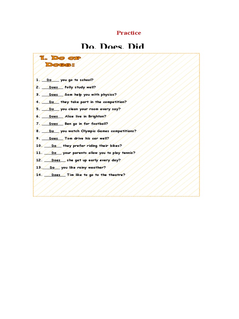 Practice With Do, Does, and Did | PDF