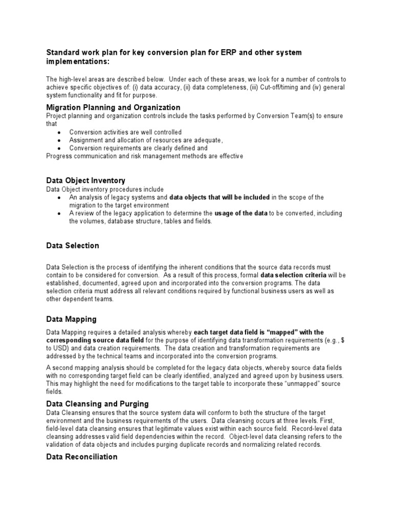 Standard Work Plan For Key Conversion Plan For ERP and Other System ...