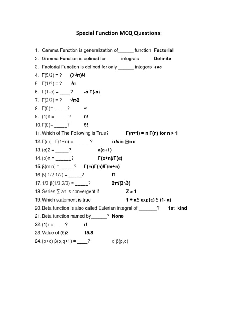 Gamma and Beta Functions MCQs | PDF | Teaching Methods & Materials ...