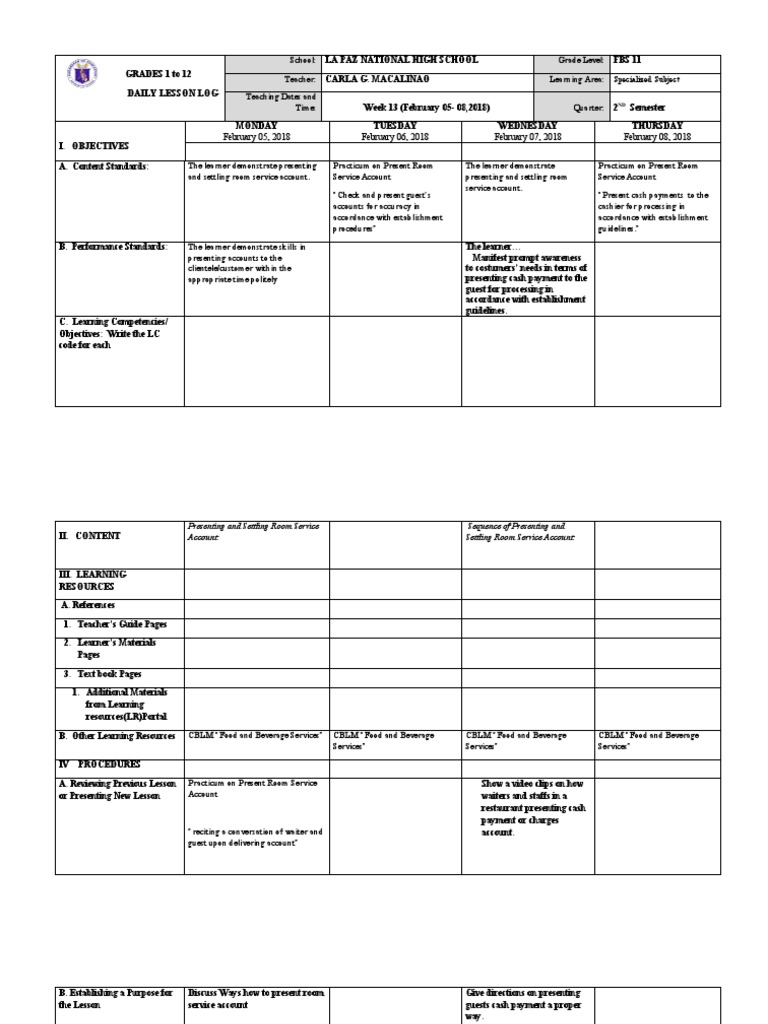Room Service Account Lesson Plan | PDF | Waiting Staff | Pedagogy