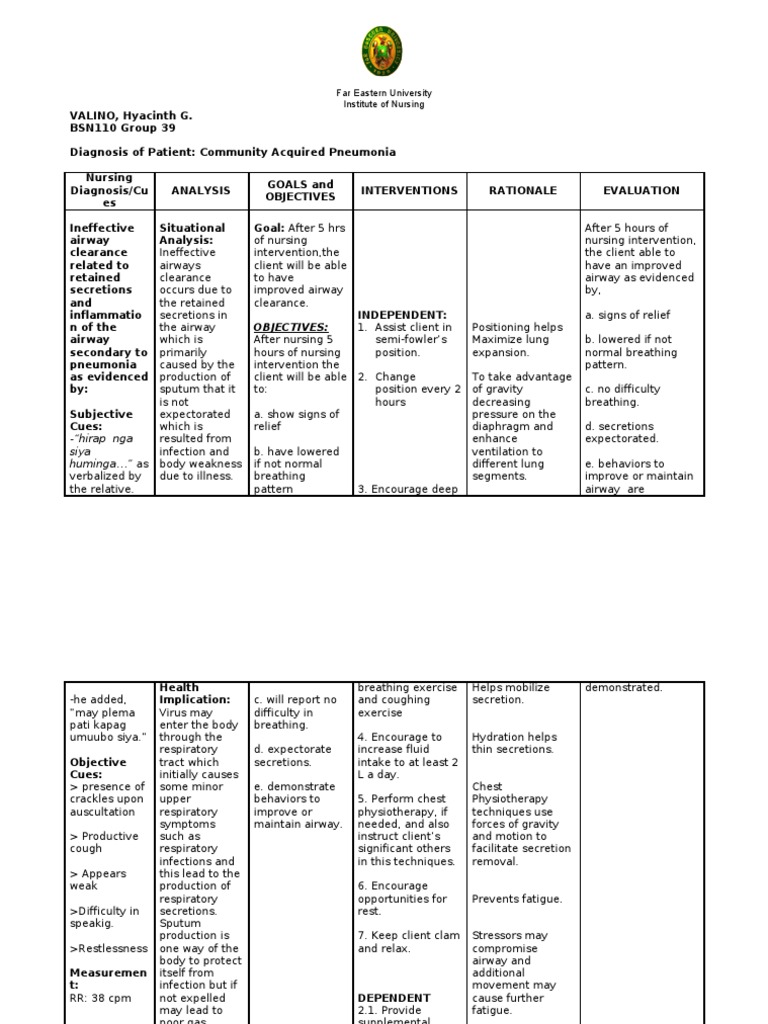 Ncp Ineffective Airway Clearance 1 Respiratory Tract Pneumonia