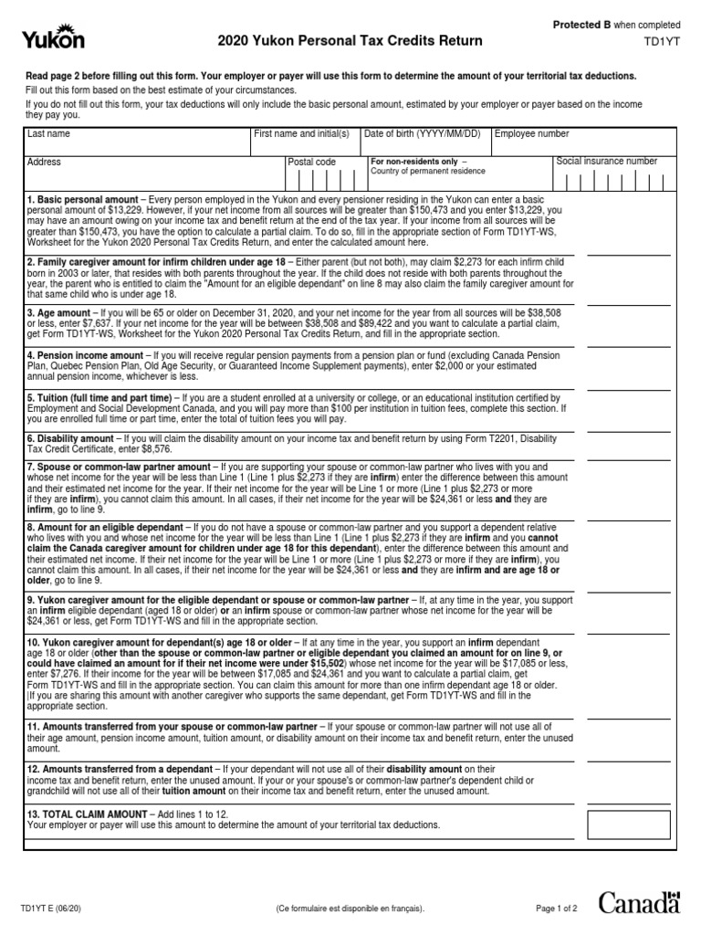 2020 Yukon Personal Tax Credits Return Td1Yt PDF Pension Taxes