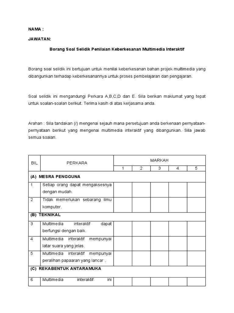 Borang Soal Selidik Penilaian Keberkesanan Multimedia Interaktif Pdf