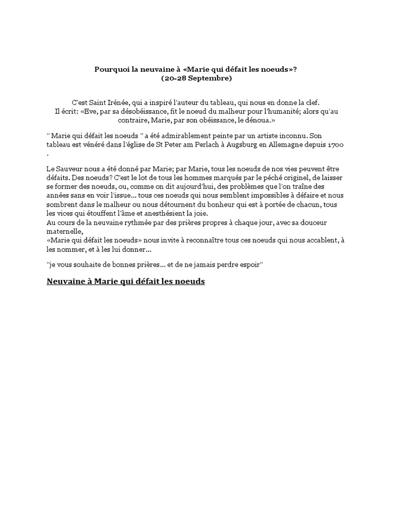 Neuvaine à Marie Qui Défait Les Nœuds 2020 Pdf Sep28 Neuvaine Marie Defait Noeuds | PDF | Rosaire | Prière
