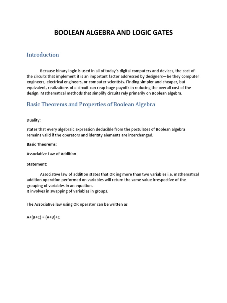 Boolean Algebra and Logic Gates: Basic Theorems | PDF | Integrated ...