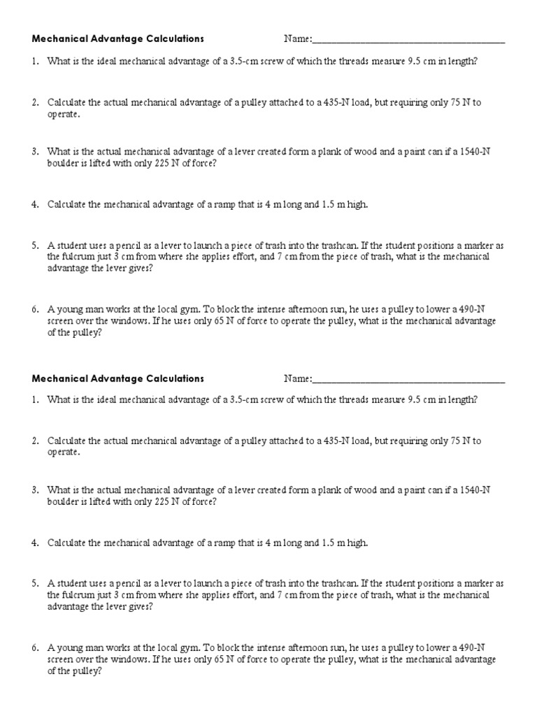 Calculating Mechanical Advantage Solutions to Practice Problems Involving Screws, Levers