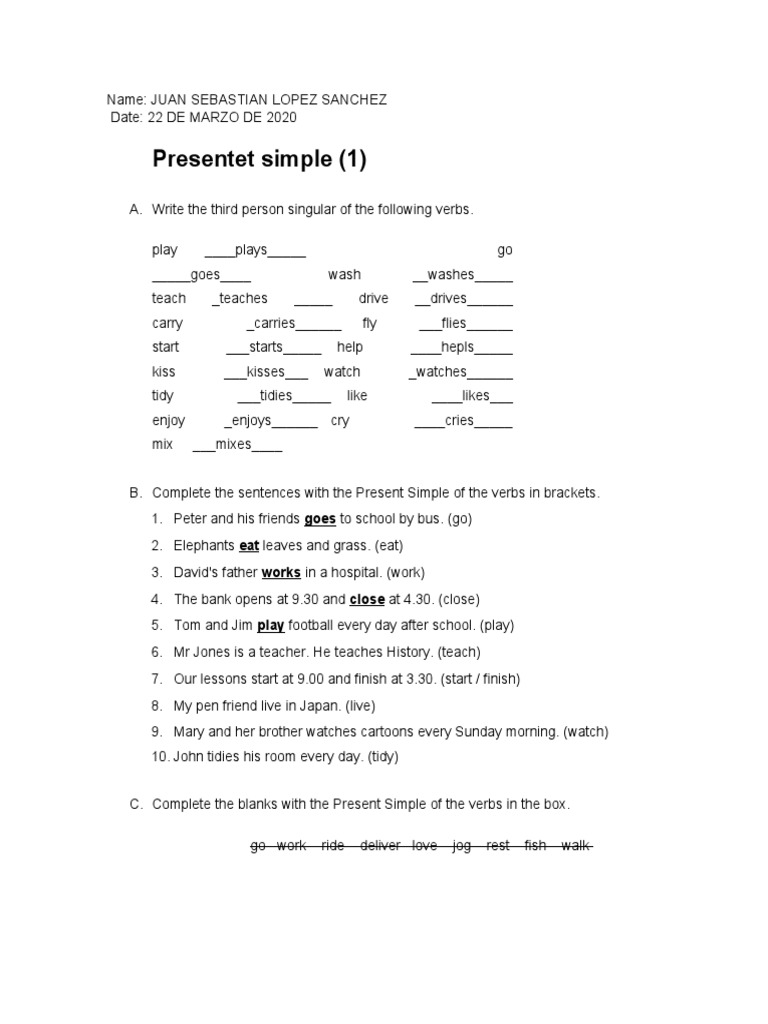 Present Simple Verb Exercises | PDF | Linguistics | Language Mechanics