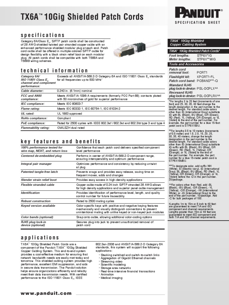 Tx6A 10gig Shielded Patch Cords Specifications PDF Equipment