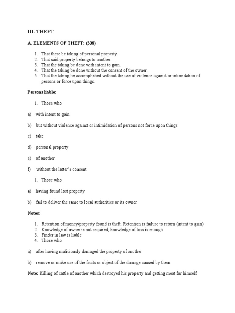 Elements of Theft From RPC PDF Theft Property