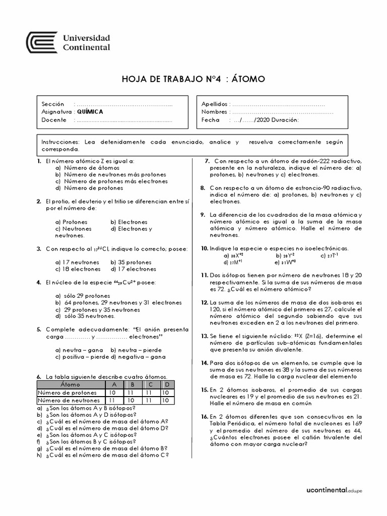Hoja de Trabajo #4. Sobre El Atomo | PDF | Isótopo | Átomos