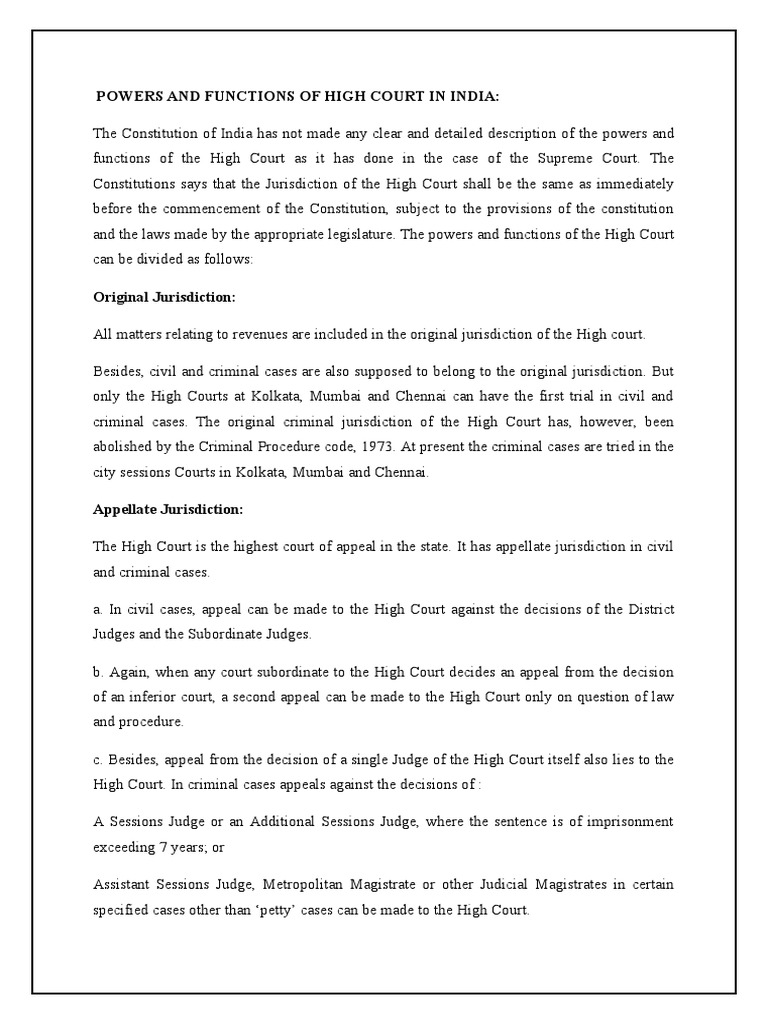 Powers and Functions of High Court in India | PDF | Jurisdiction ...