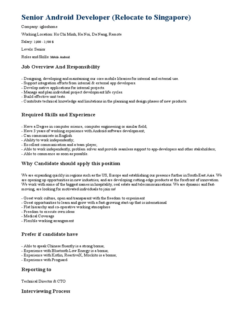 Senior Android Developer in Singapore | PDF | Android (Operating System ...