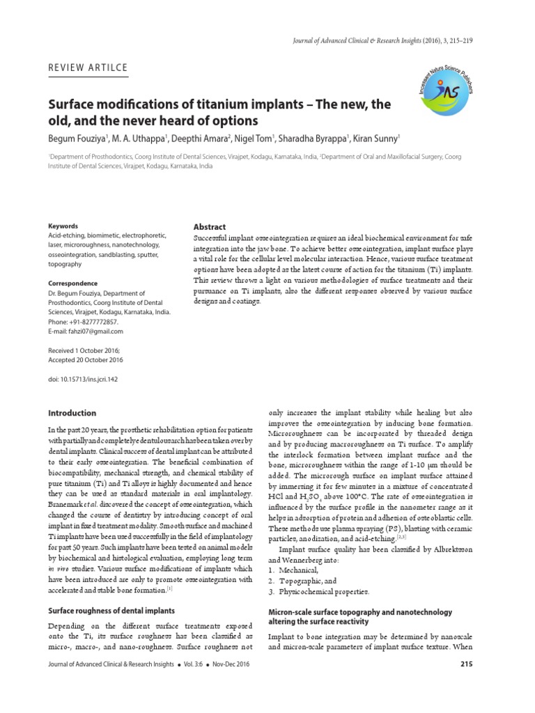 Titanium Implant Surface Modifications | PDF | Dental Implant | Titanium