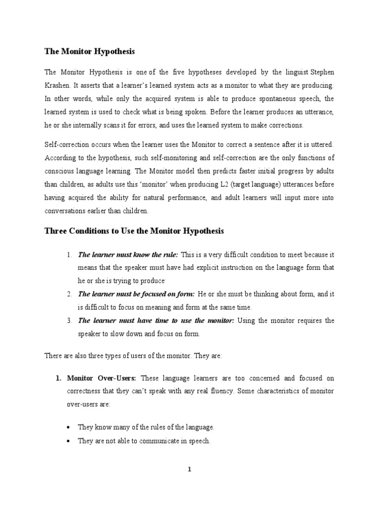The Monitor Hypothesis PDF Self Esteem Linguistics