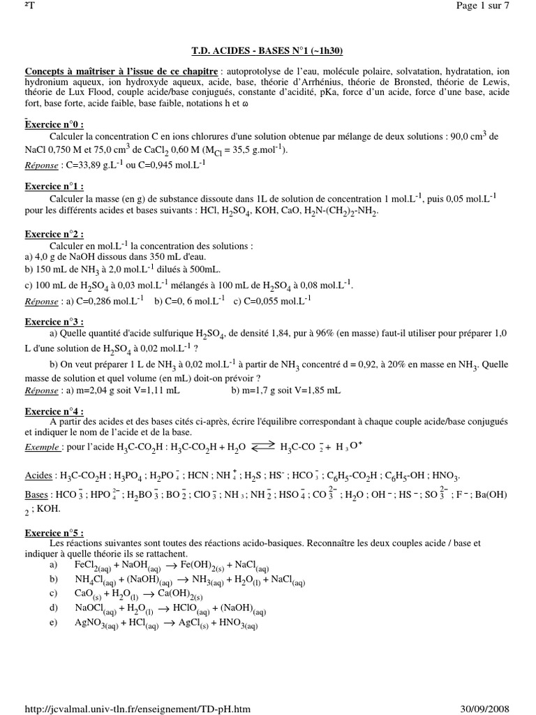 Exercices sur Acides et Bases Aqueuses | PDF | Ph | Concentration molaire