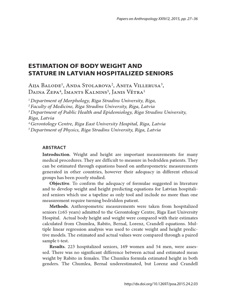 Estimation of Body Weight and Stature in Latvian Hospitalized Seniors ...