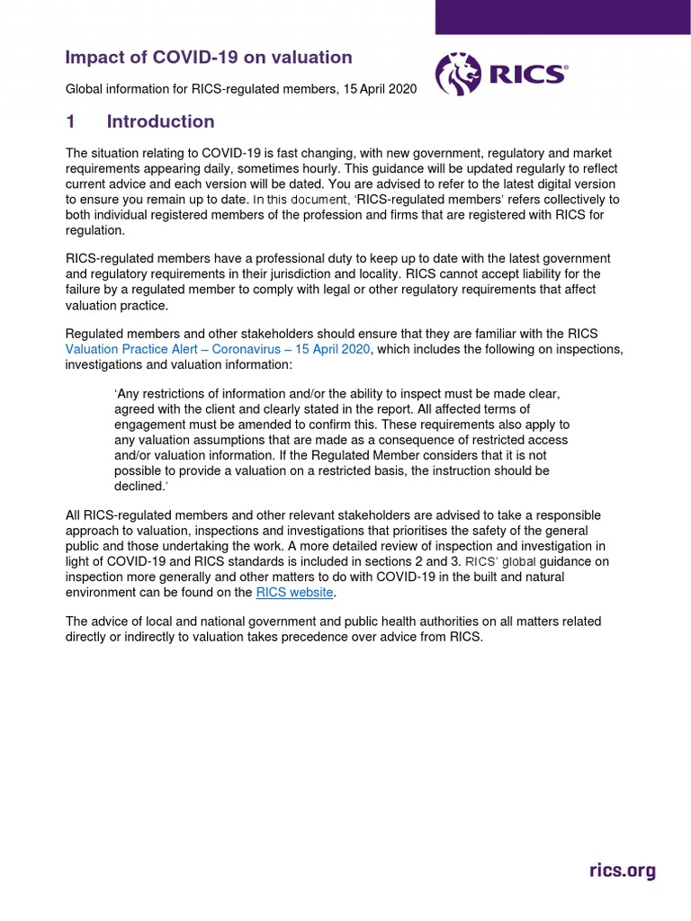 Impact of Covid 19 Valuation2 - RICS | PDF | Real Estate Appraisal ...