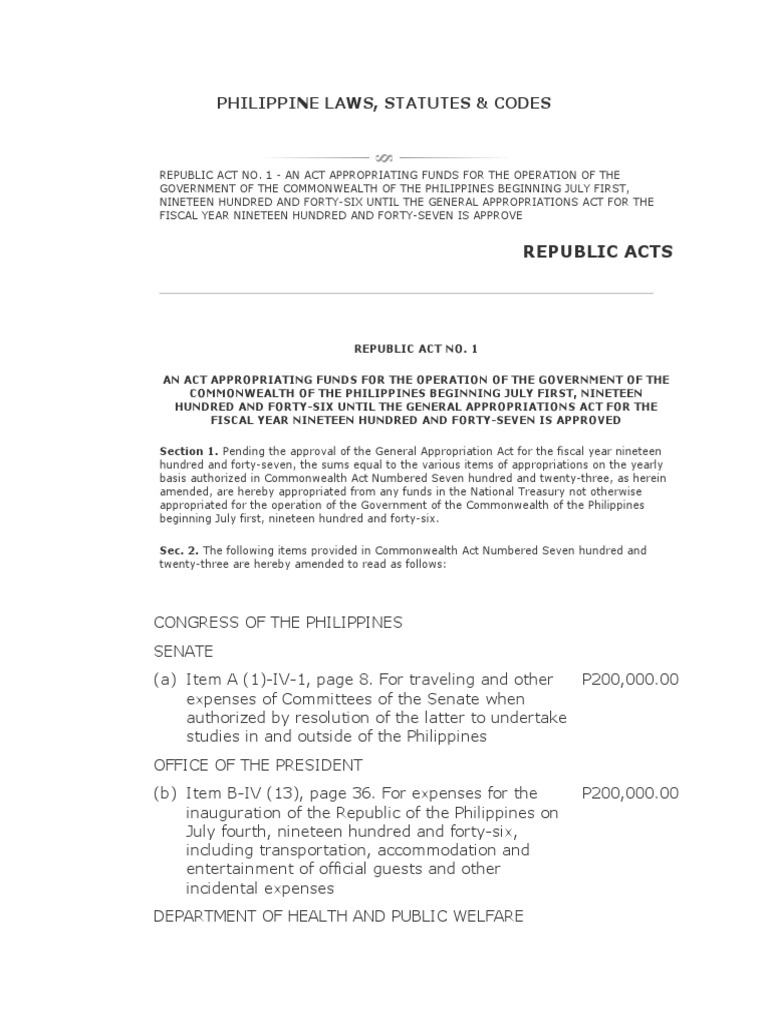 Philippine Laws, Statutes & Codes Republic Acts PDF President Of