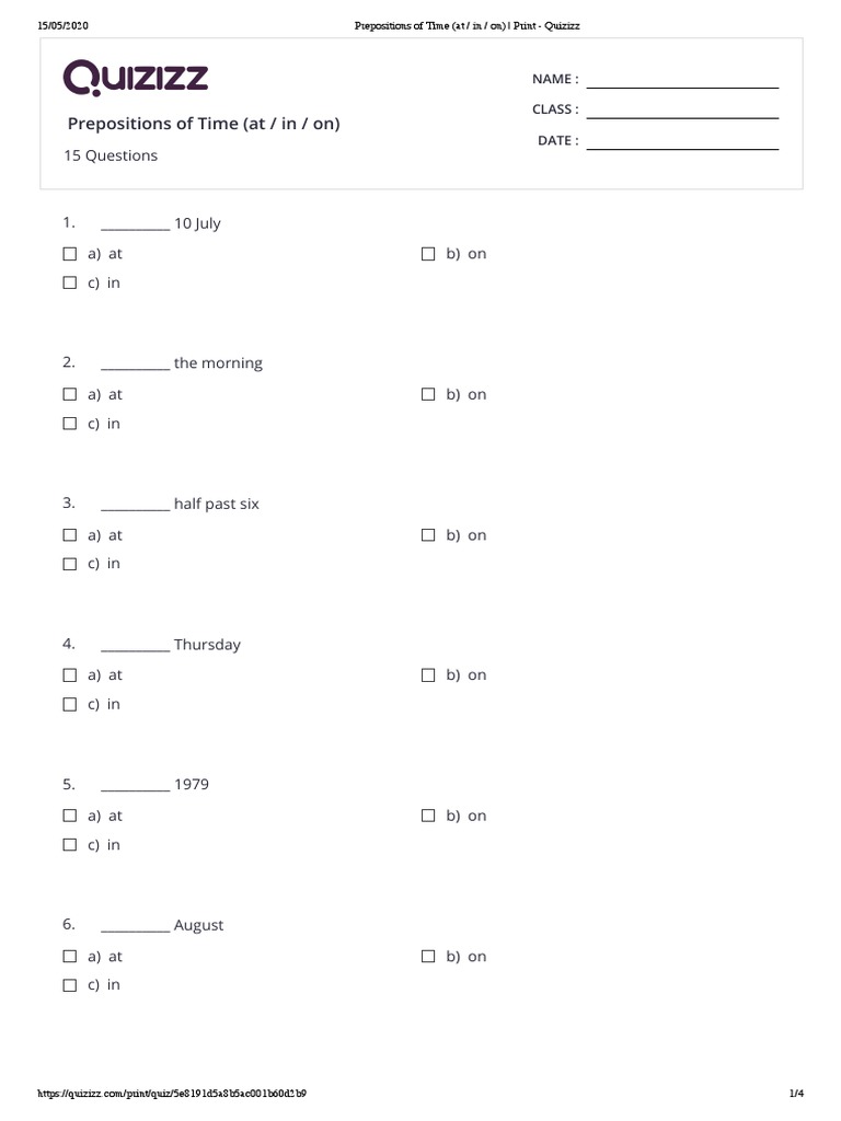 Prepositions of Time Quiz | PDF | Leisure