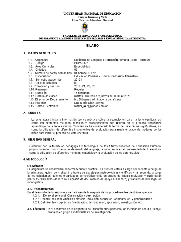 Sílabos de Didáctica del Lenguaje I | PDF | Educación primaria | Evaluación