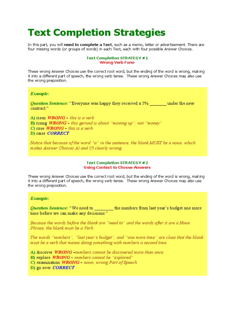 Text Completion Strategies: Example: Question Sentence | PDF