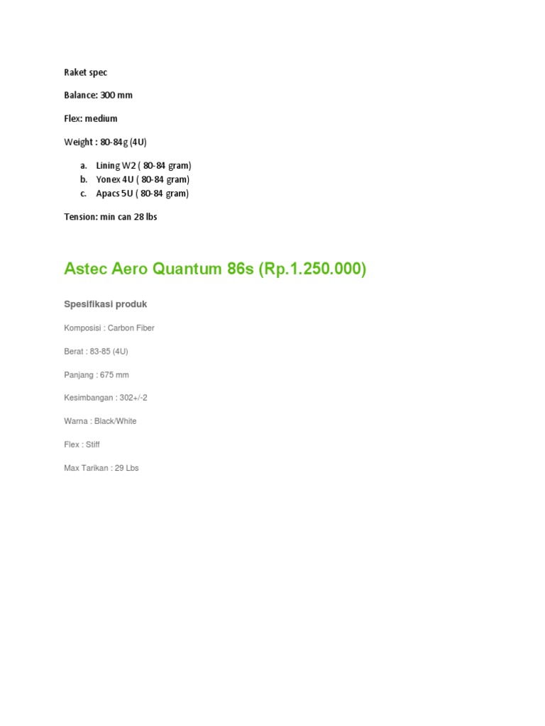Badminton Racket Specifications Guide | PDF