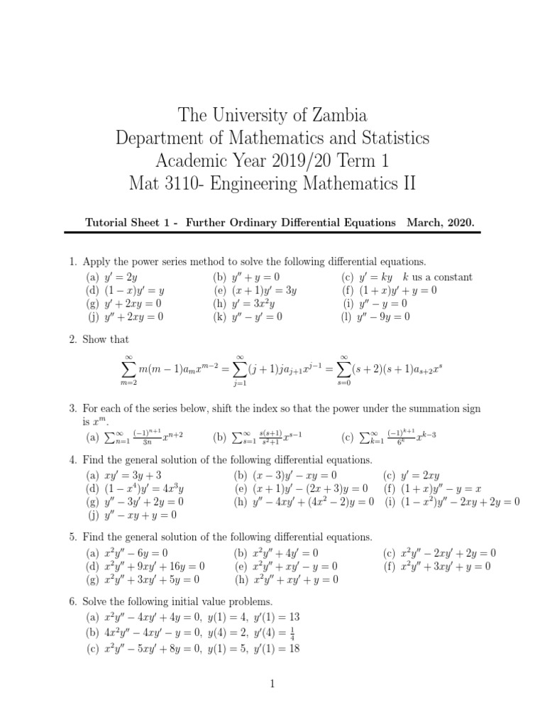 Mat3110 19 Tutorial Sheet 1 Power Series Euler And Systems Pdf Eigenvalues And Eigenvectors Differential Equations
