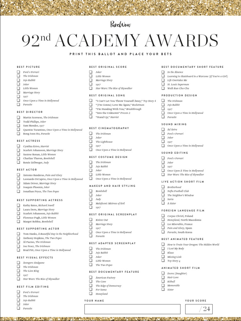 92 Academy Awards: Print This Ballot and Place Your Bets | PDF