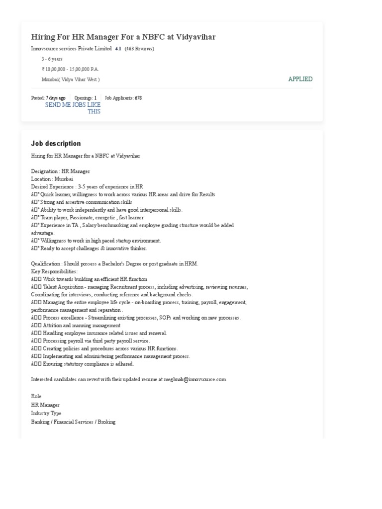 HR Manager Role at Innovsource Mumbai | PDF