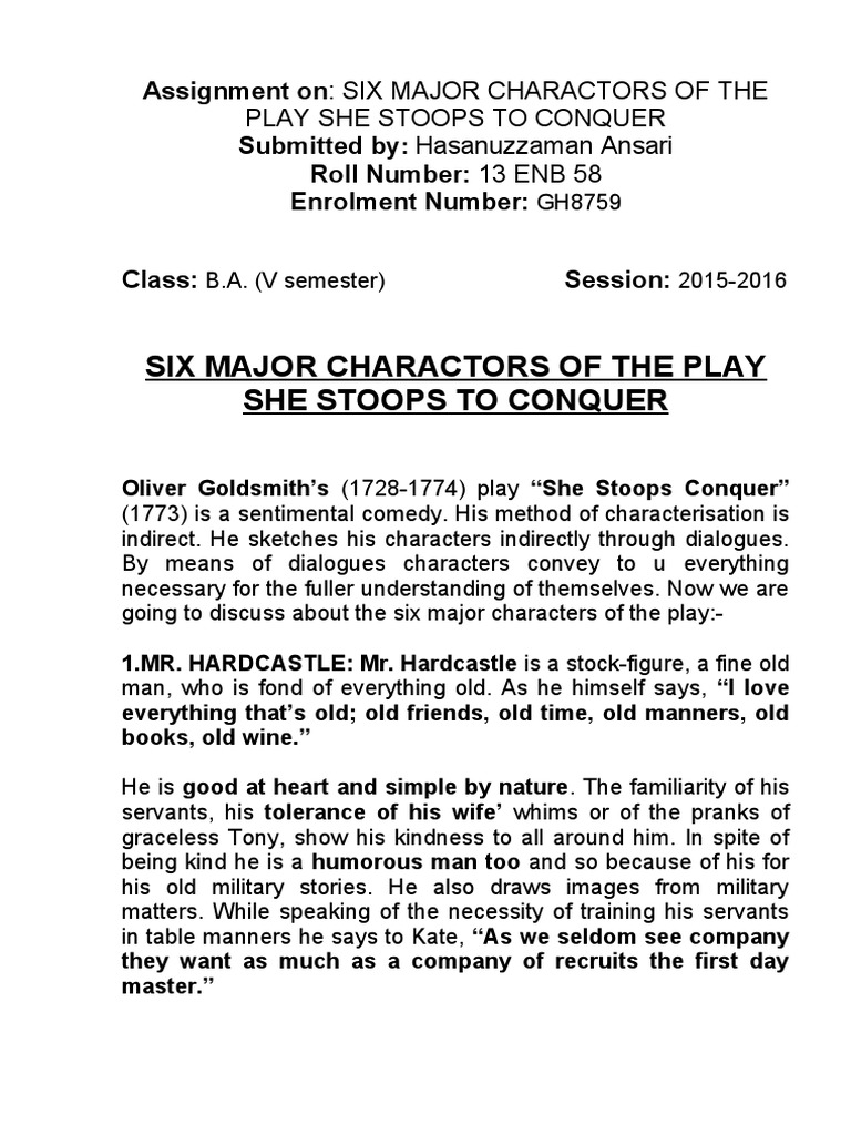 Major Characters in She Stoops to Conquer | PDF