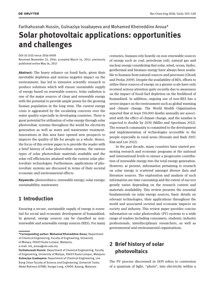 Solar Photovoltaic Applications - Opportunities and Challenges | PDF ...