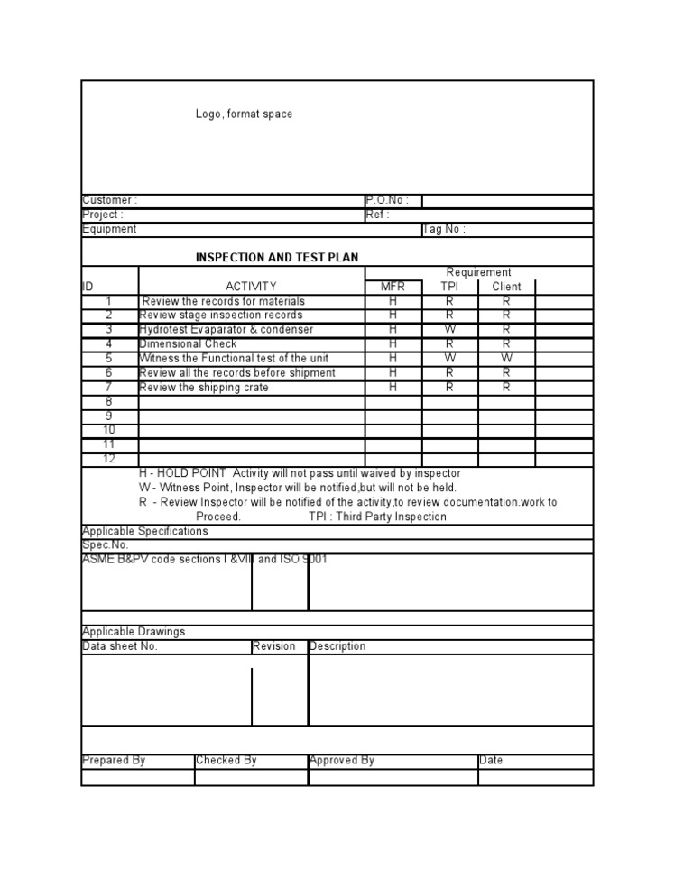 Inspection and Test Plan Template | PDF | Evaluation | Computing