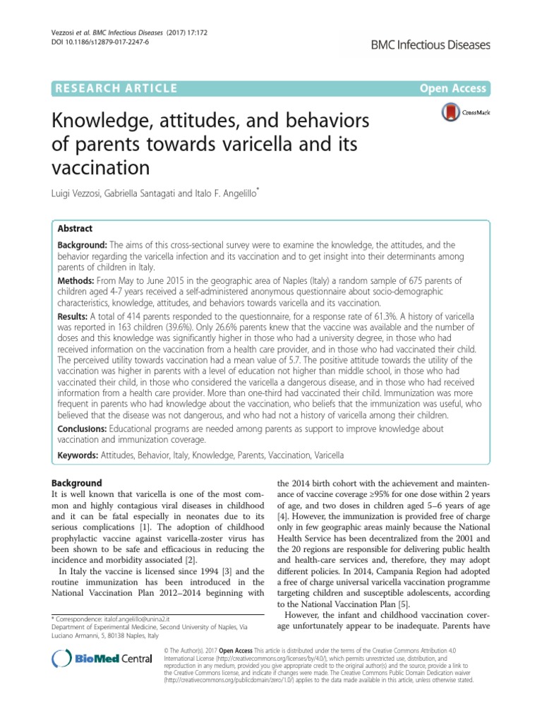 Knowledge, Attitudes, and Behaviors of Parents Towards Varicella and ...