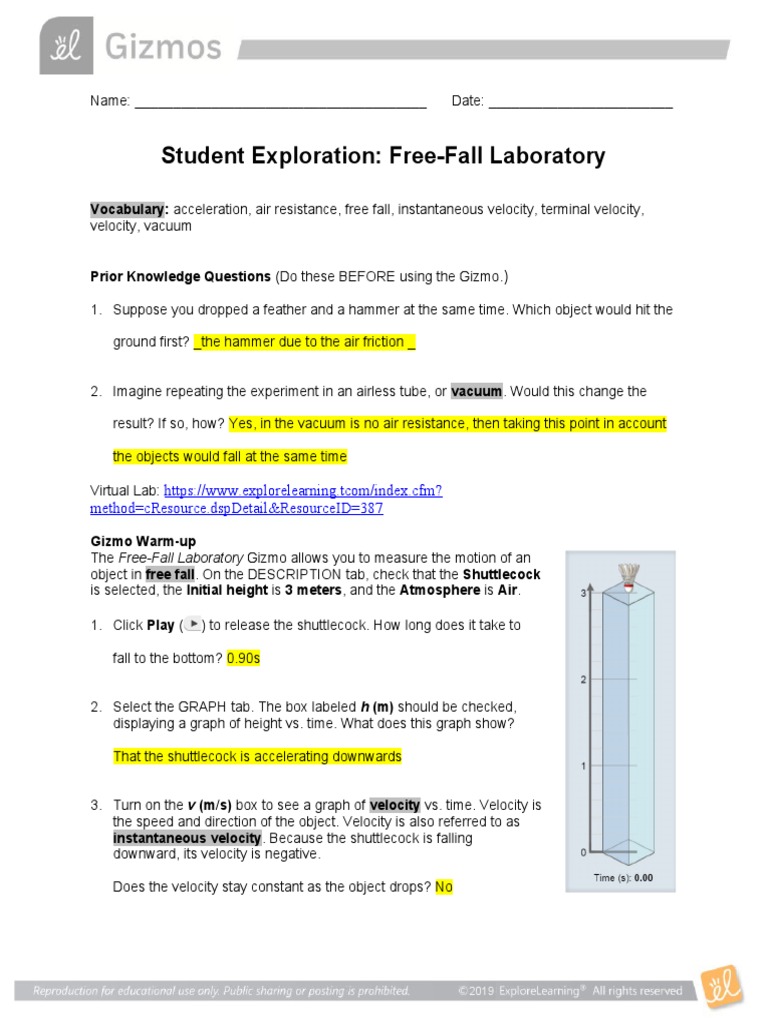 Student Exploration Free Fall Gizmo Answer Key Pdf