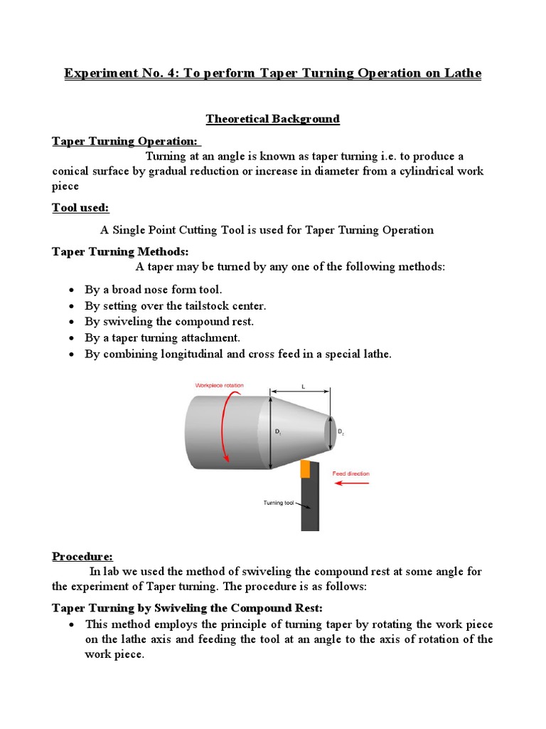 Experiment No. 4 To Perform Taper Turning Operation On Lathe PDF