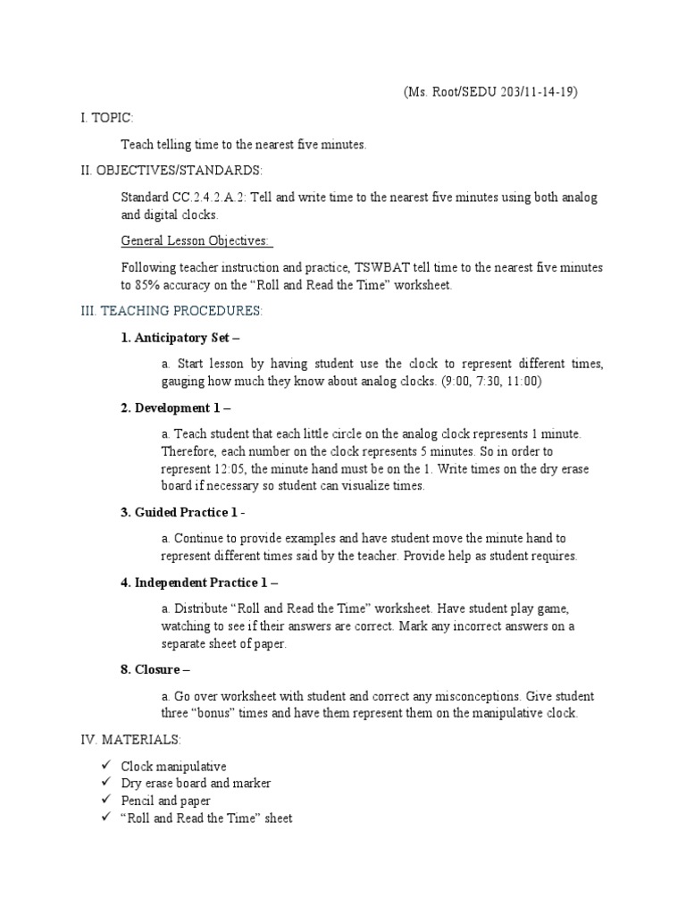 Telling Time Lesson Plan | PDF | Education Theory | Teaching