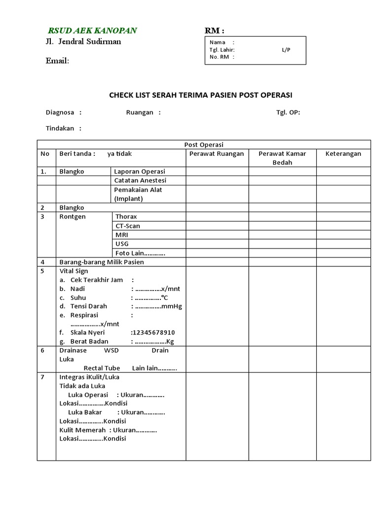Check List Serah Terima Pasien Post Operasi | PDF