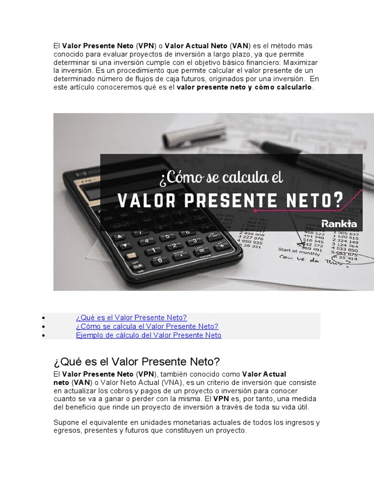 Valor Presente Neto: Definición y Cálculo | PDF | Valor presente neto ...