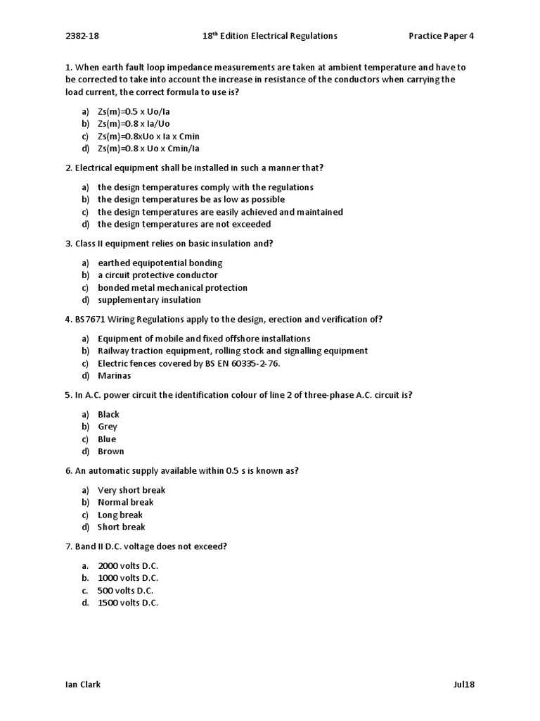 18th Edition Electrical Exam Practice Paper | PDF | Alternating Current ...