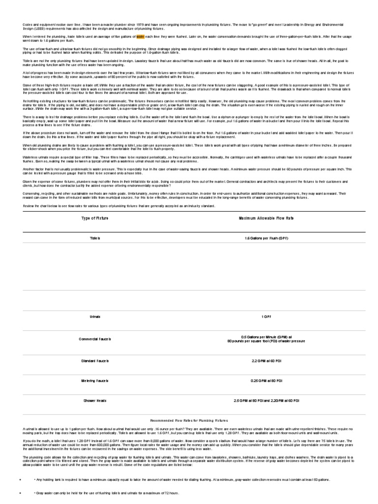 Type of Fixture Maximum Allowable Flow Rate Toilets 1.6 Gallons Per