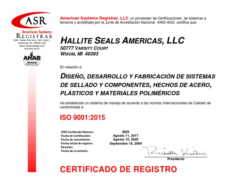 Hallite Seals Americas ISO 9001 Certificate (Español) Aug 2017Signed PDF