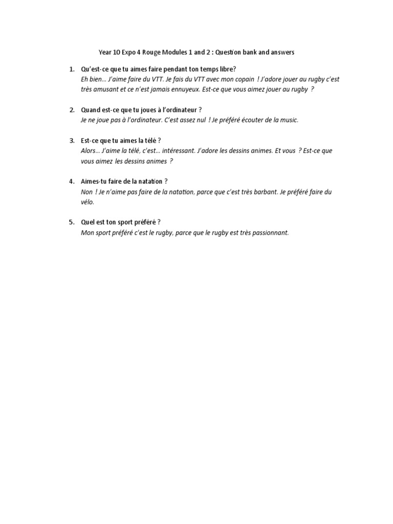 Year 10 Expo 4 Rouge French Example Questions And Answers Pdf
