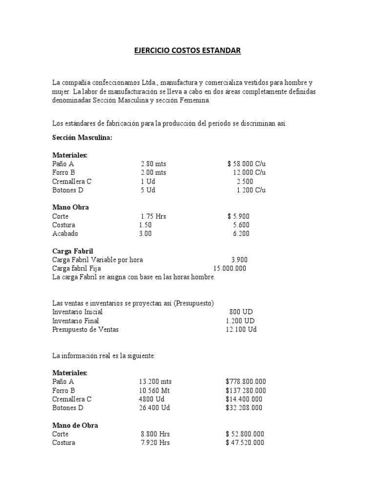 Ejercicio Costos Estandar Para Practicar Pdf