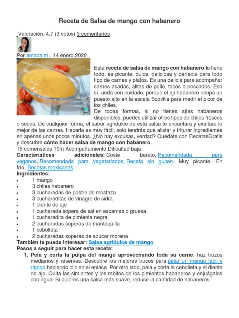 Receta de Salsa de Mango Con Habanero | PDF | Salsa | Ají picante