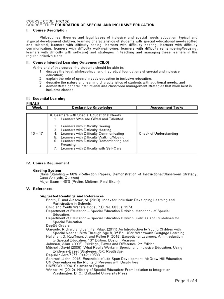 Foundations of Special Education Course | PDF | Special Education ...