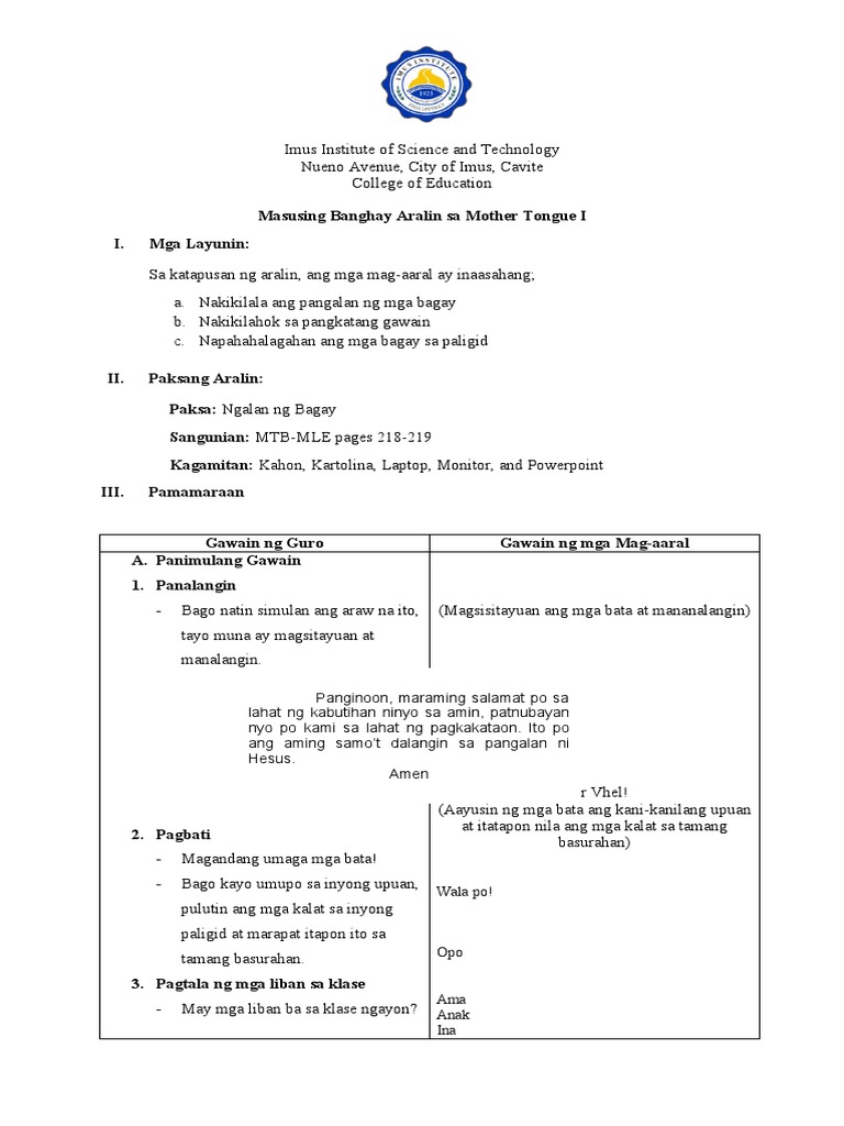Detailed Lesson Plan in Mother Tongue 1 PDF