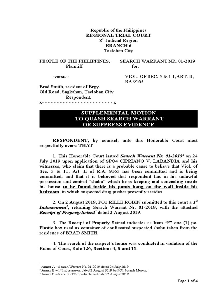 Motion To Suppress Evidence - Oraller | PDF | Search Warrant | Legal ...