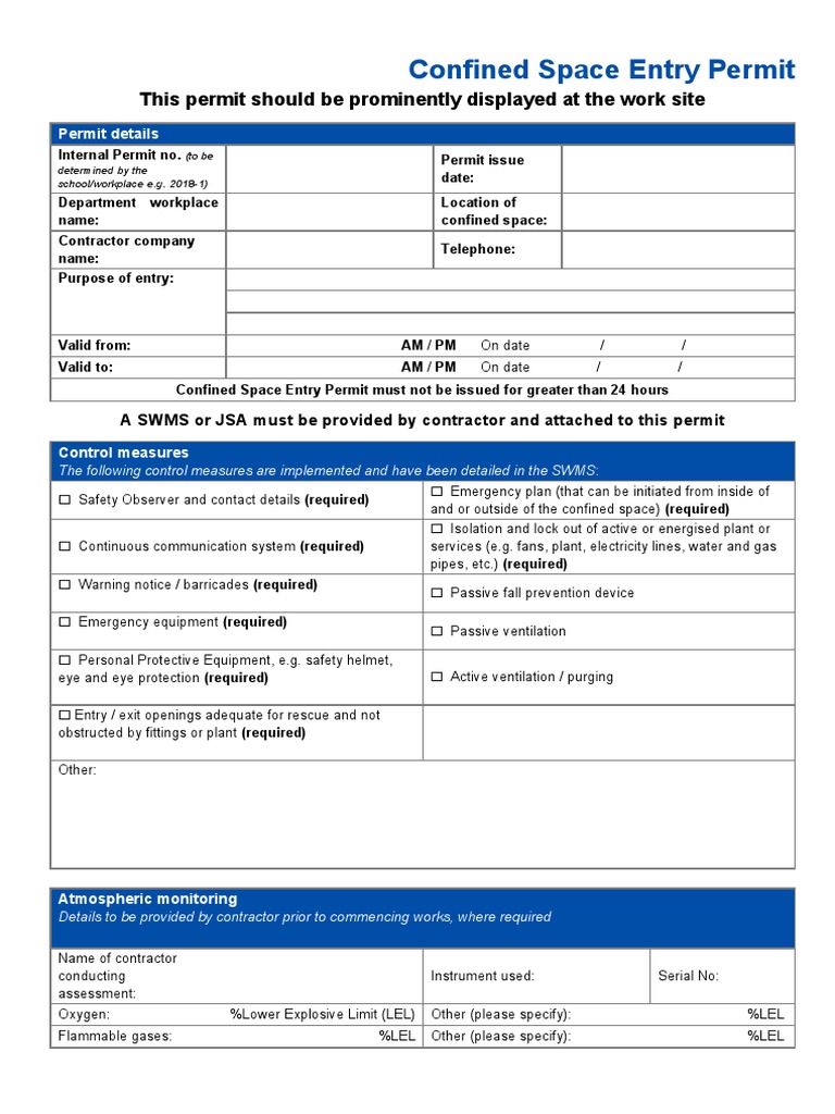 Confined Space Entry Permit Template | PDF | Safety | Prevention